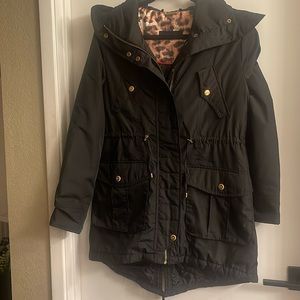 Black Women’s Hooded Parka Jacket with Leopard Lining